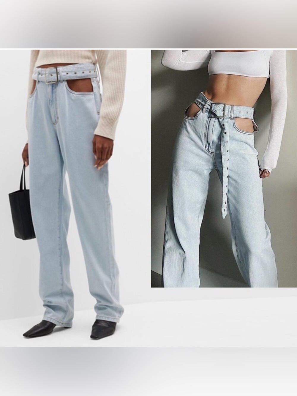WeWoreWhat Cutout Size 27 High Waisted Belted Straight Jeans Light Blue